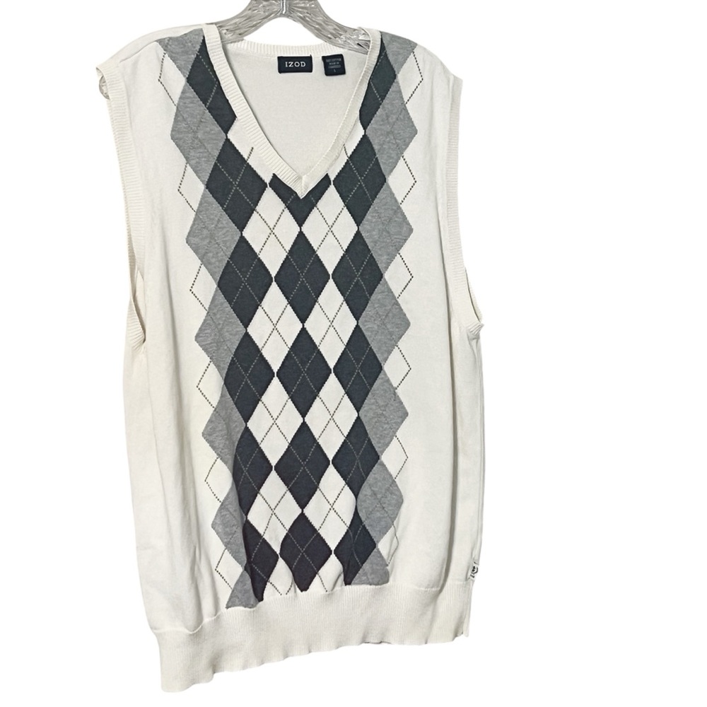 Izod Mens V Neck Argyle Sweater Vest Sz L White & Gray Tennis Preppy Academia